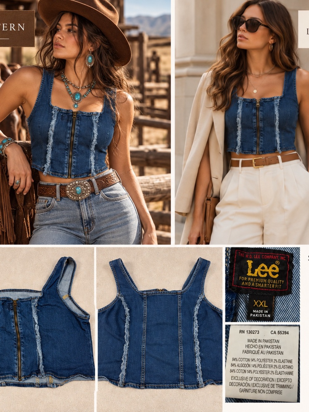 Lee XXL Denim Zip Front Corset Tank Raw Edge Y2K Western Top